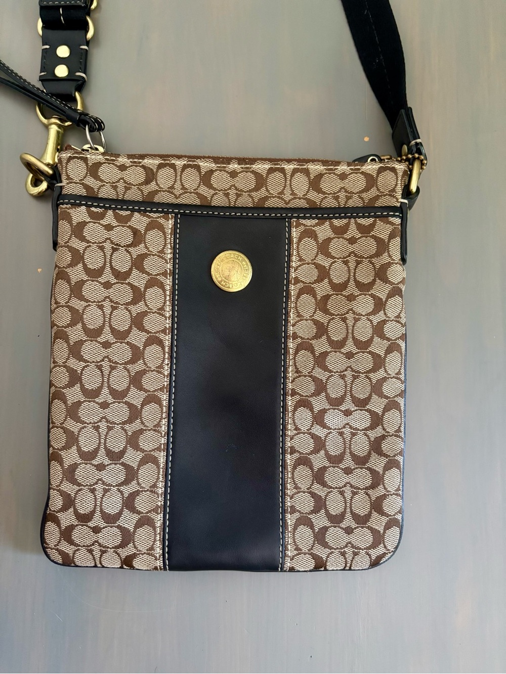 Coach Brown Signature Canvas Messenger Bag with Black Trim